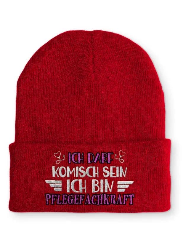 
                      
                        Ich darf komisch sein bin Pflegefachkraft Statement Beanie Mütze mit Spruch - Rot
                      
                    