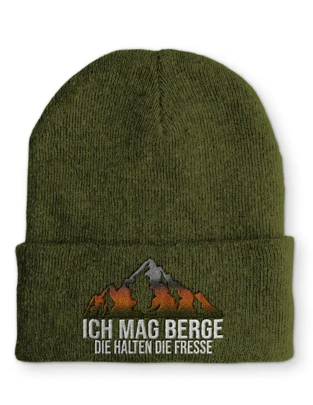 Ich mag Berge die halten Fresse Statement Beanie Mütze mit Spruch - Olive