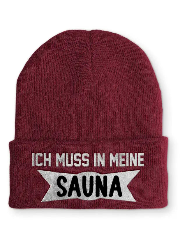 
                      
                        Ich muss in meine Sauna Statement Beanie Mütze mit Spruch - Bordeaux
                      
                    