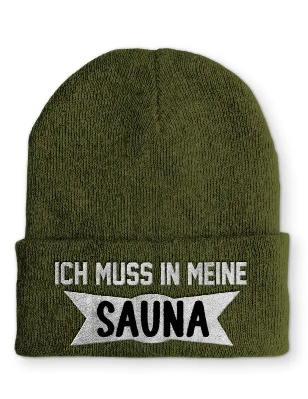 
                      
                        Ich muss in meine Sauna Statement Beanie Mütze mit Spruch - Olive
                      
                    