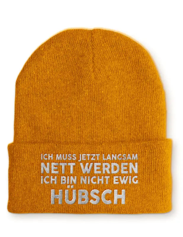 
                      
                        Ich muss jetzt langsam Nett werden bin nicht ewig hübsch Statement Beanie Mütze mit Spruch - Mustard
                      
                    