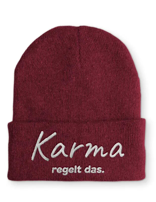 
                  
                    Karma regelt das. Statement Beanie Mütze mit Spruch - Bordeaux
                  
                