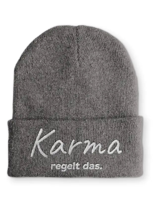 
                      
                        Karma regelt das. Statement Beanie Mütze mit Spruch - Grey
                      
                    