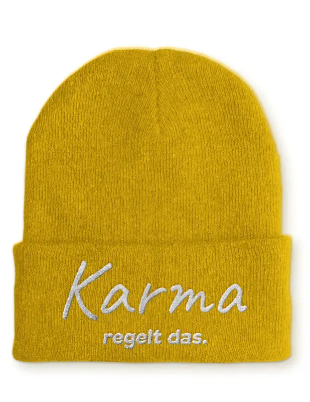 
                  
                    Karma regelt das. Statement Beanie Mütze mit Spruch - Mustard
                  
                