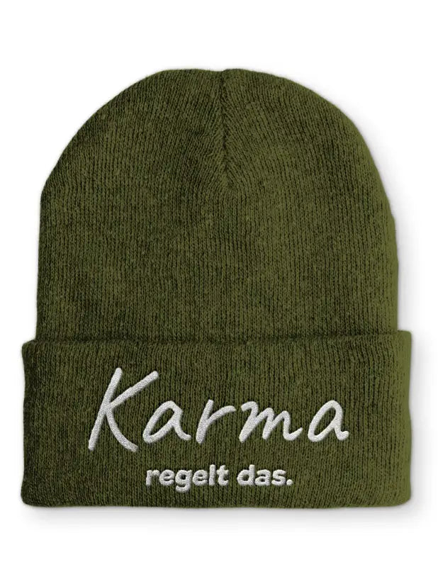 
                      
                        Karma regelt das. Statement Beanie Mütze mit Spruch - Olive
                      
                    