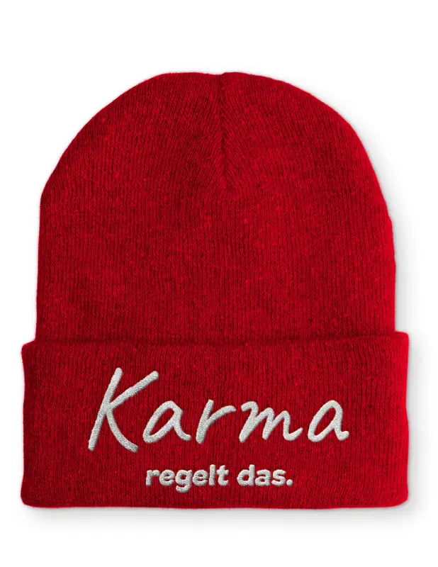 Karma regelt das. Statement Beanie Mütze mit Spruch - Rot