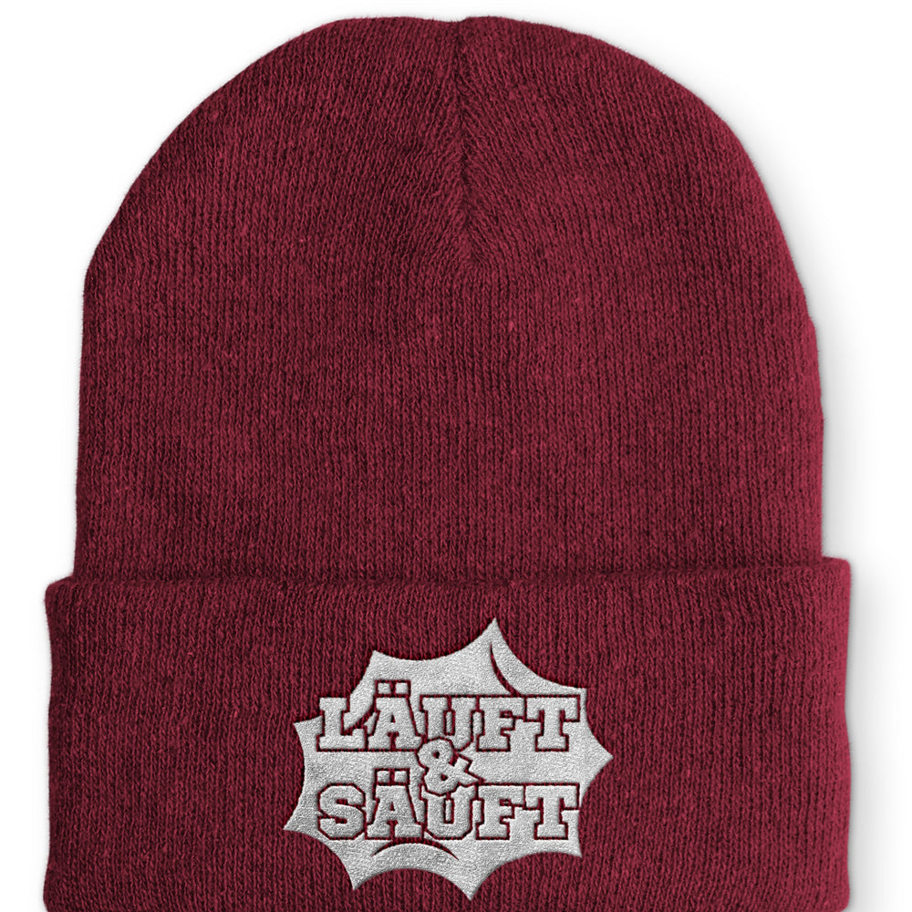 
                  
                    Läuft und Säuft Statement Beanie Mütze mit Spruch - Bordeaux - Mütze
                  
                