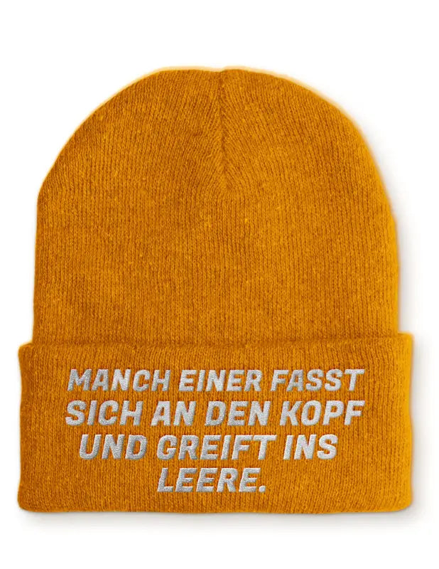 
                      
                        Manch einer fasst sich an den Kopf und greift ins Leere. Statement Beanie Mütze mit Spruch - Mustard
                      
                    