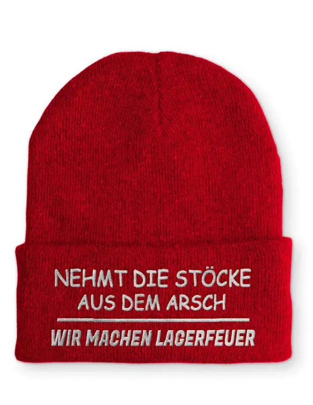 
                      
                        Nehmt die Stöcke aus dem Arsch Wir machen Lagerfeuer Statement Beanie Mütze mit Spruch - Rot
                      
                    