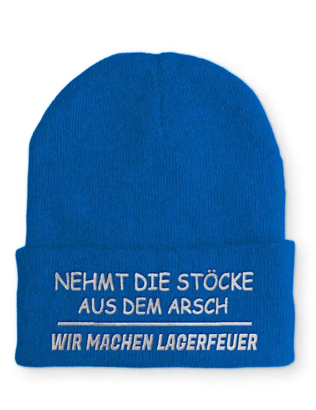 
                      
                        Nehmt die Stöcke aus dem Arsch Wir machen Lagerfeuer Statement Beanie Mütze mit Spruch - Royal
                      
                    