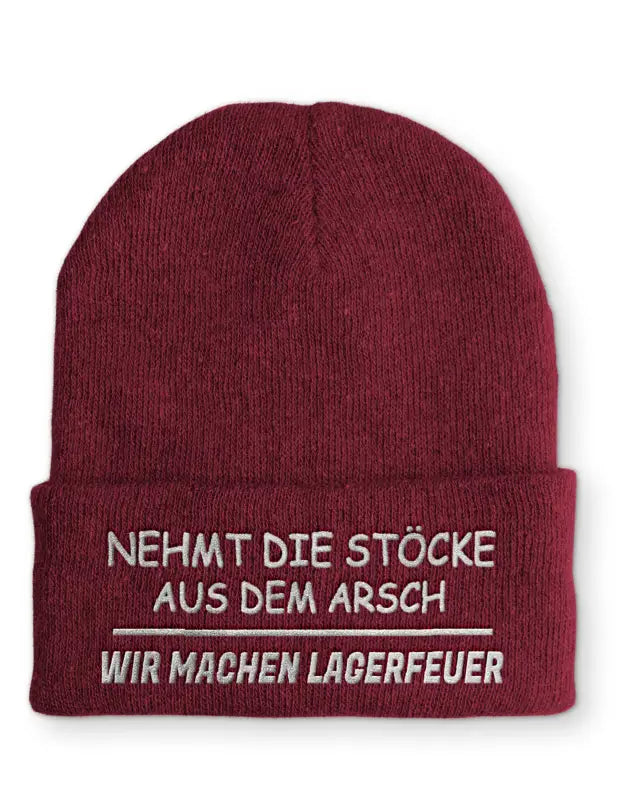 
                      
                        Nehmt die Stöcke aus dem Arsch Wir machen Lagerfeuer Statement Beanie Mütze mit Spruch - Bordeaux
                      
                    