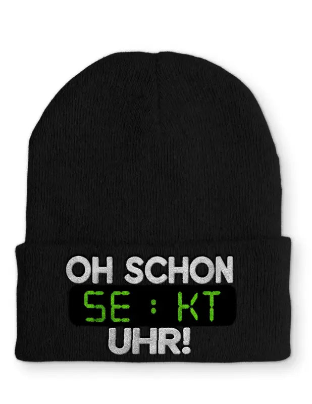 Oh schon Sekt Uhr Statement Beanie Mütze mit Spruch - Black