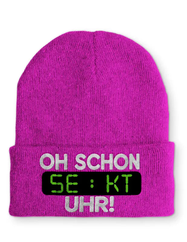 Oh schon Sekt Uhr Statement Beanie Mütze mit Spruch - Pink