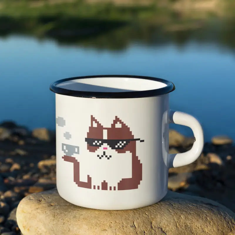 Pixel Cat Camper Outdoor Emaille Tasse - Weiss