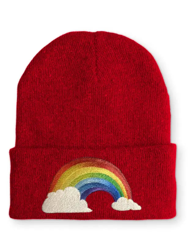 Regenbogen mit Wolken Statement Beanie Mütze Spruch - Rot