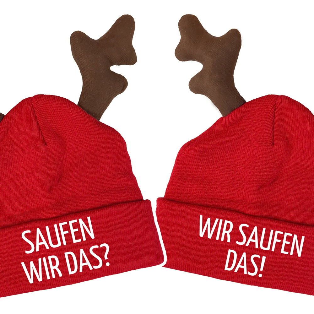 Saufen wir das? | Wir saufen das! Duo Elchmütze Statement Beanie Mütze mit Spruch - Mütze