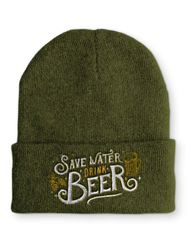 Save Water drink Beer Beanie Wintermütze Mütze mit Spruch - Olive