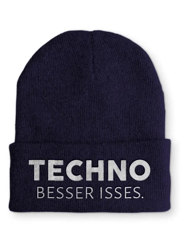 Techno besser isses. Statement Beanie Mütze mit Spruch - Navy