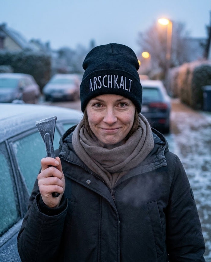 Frau mit Eiskratzer trägt die schwarze Mütze Arschkalt