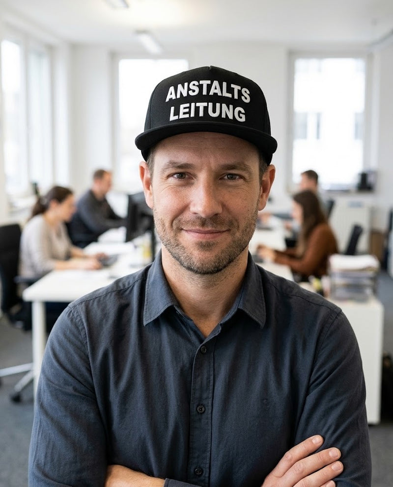 Mann im Büro trägt die Cap Anstaltsleitung