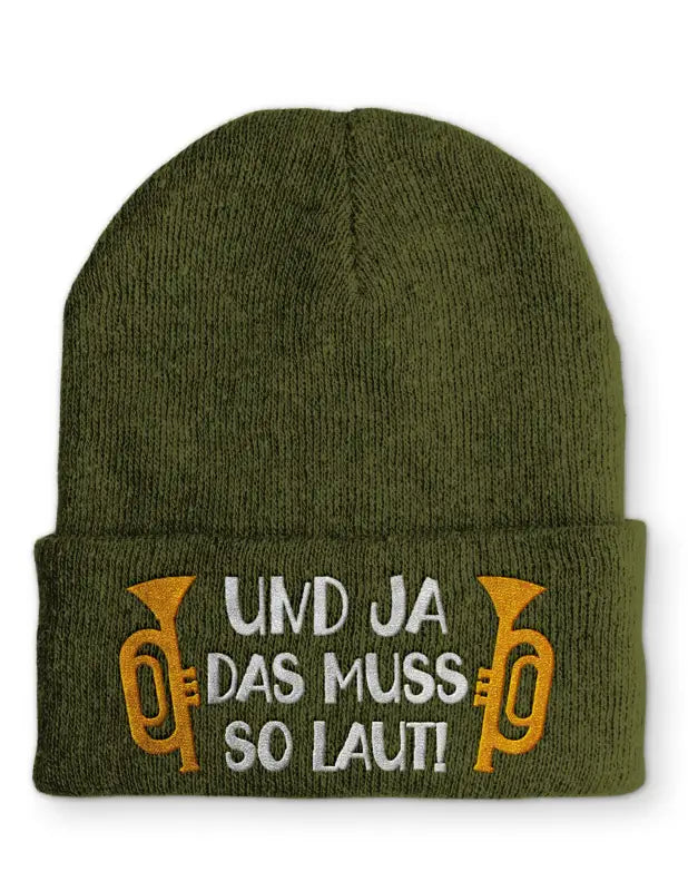 
                      
                        Und ja das muss so laut! Statement Beanie Mütze mit Spruch - Olive
                      
                    