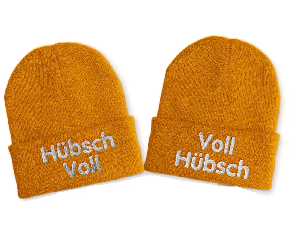 Voll Hübsch | Duo Statement Beanie Mütze mit Spruch - Mustard