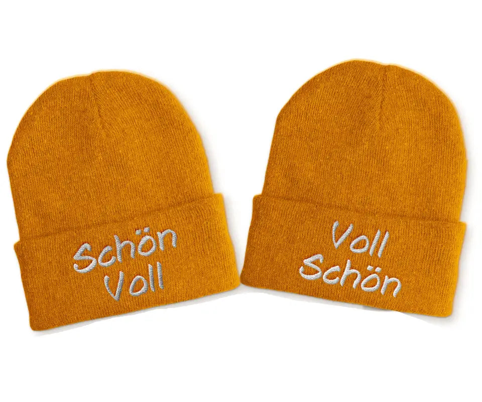 Voll Schön | Duo Statement Beanie Mütze mit Spruch - Mustard