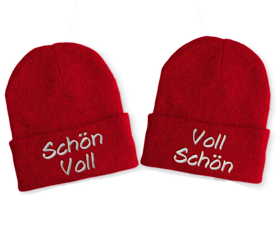 Voll Schön | Duo Statement Beanie Mütze mit Spruch - Rot