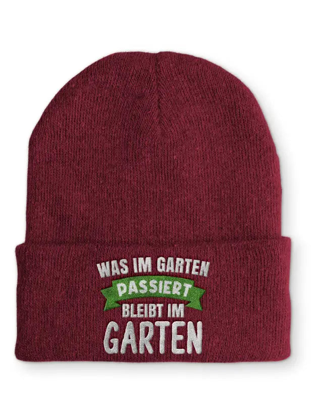 
                      
                        Was im Garten passiert bleibt Statement Beanie Mütze mit Spruch - Bordeaux
                      
                    