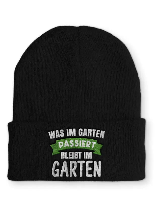 
                      
                        Was im Garten passiert bleibt Statement Beanie Mütze mit Spruch - Black
                      
                    