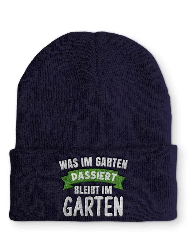 
                      
                        Was im Garten passiert bleibt Statement Beanie Mütze mit Spruch - Navy
                      
                    