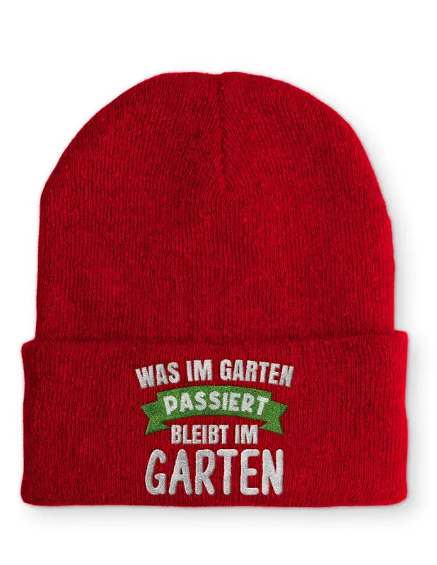 
                      
                        Was im Garten passiert bleibt Statement Beanie Mütze mit Spruch - Rot
                      
                    