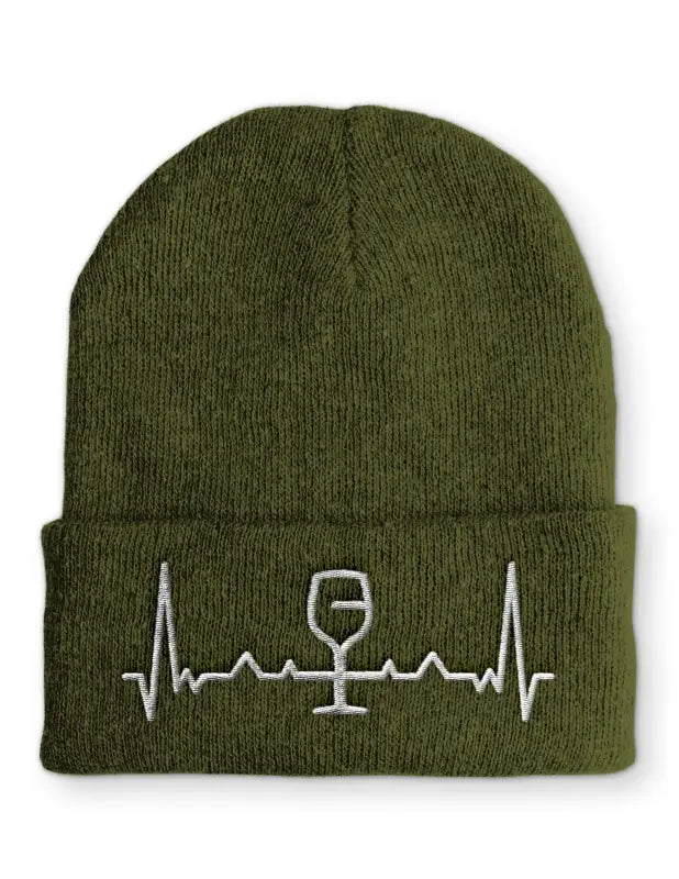 Wein Herzschlag Wintermütze Spruchmütze Beanie perfekt für die kalte Jahreszeit - Olive