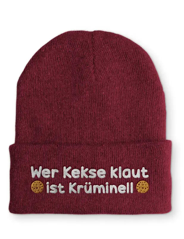 
                      
                        Wer Kekse klaut ist Krüminell Statement Beanie Mütze mit Spruch - Bordeaux
                      
                    