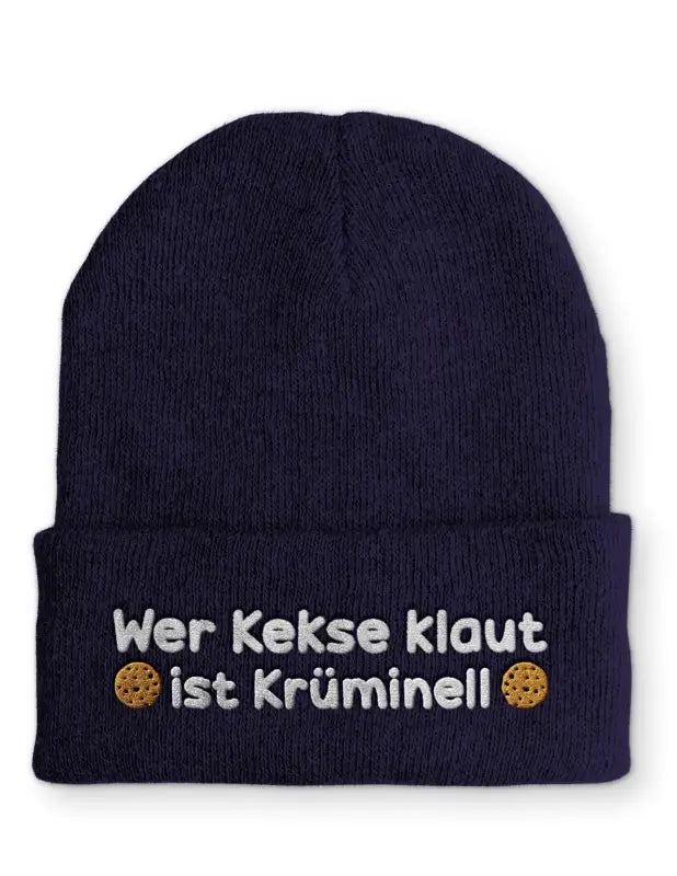 
                      
                        Wer Kekse klaut ist Krüminell Statement Beanie Mütze mit Spruch - Navy
                      
                    