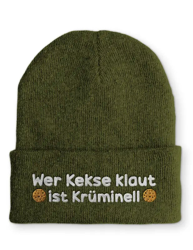 
                      
                        Wer Kekse klaut ist Krüminell Statement Beanie Mütze mit Spruch - Olive
                      
                    