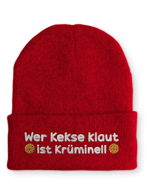 
                      
                        Wer Kekse klaut ist Krüminell Statement Beanie Mütze mit Spruch - Rot
                      
                    