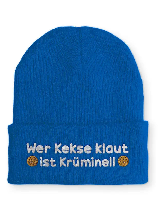 
                      
                        Wer Kekse klaut ist Krüminell Statement Beanie Mütze mit Spruch - Royal
                      
                    