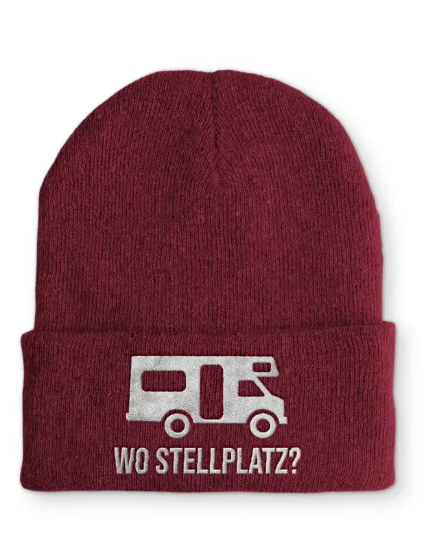 Wo Stellplatz? Statement Beanie Mütze mit Spruch - Bordeaux